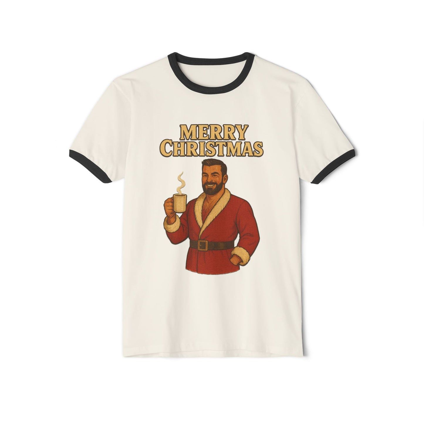 Coffee Bear Christmas Graphic Ringer T-Shirt — "Merry Christmas" Holiday Tee