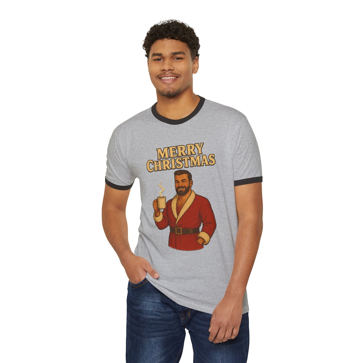 Coffee Bear Christmas Graphic Ringer T-Shirt — "Merry Christmas" Holiday Tee