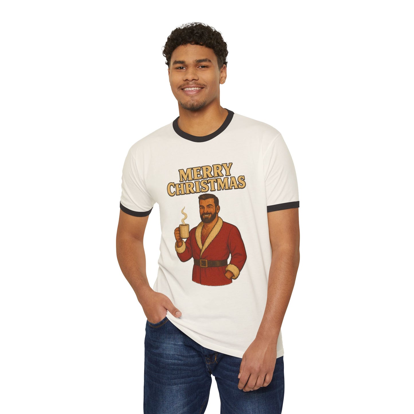 Coffee Bear Christmas Graphic Ringer T-Shirt — "Merry Christmas" Holiday Tee