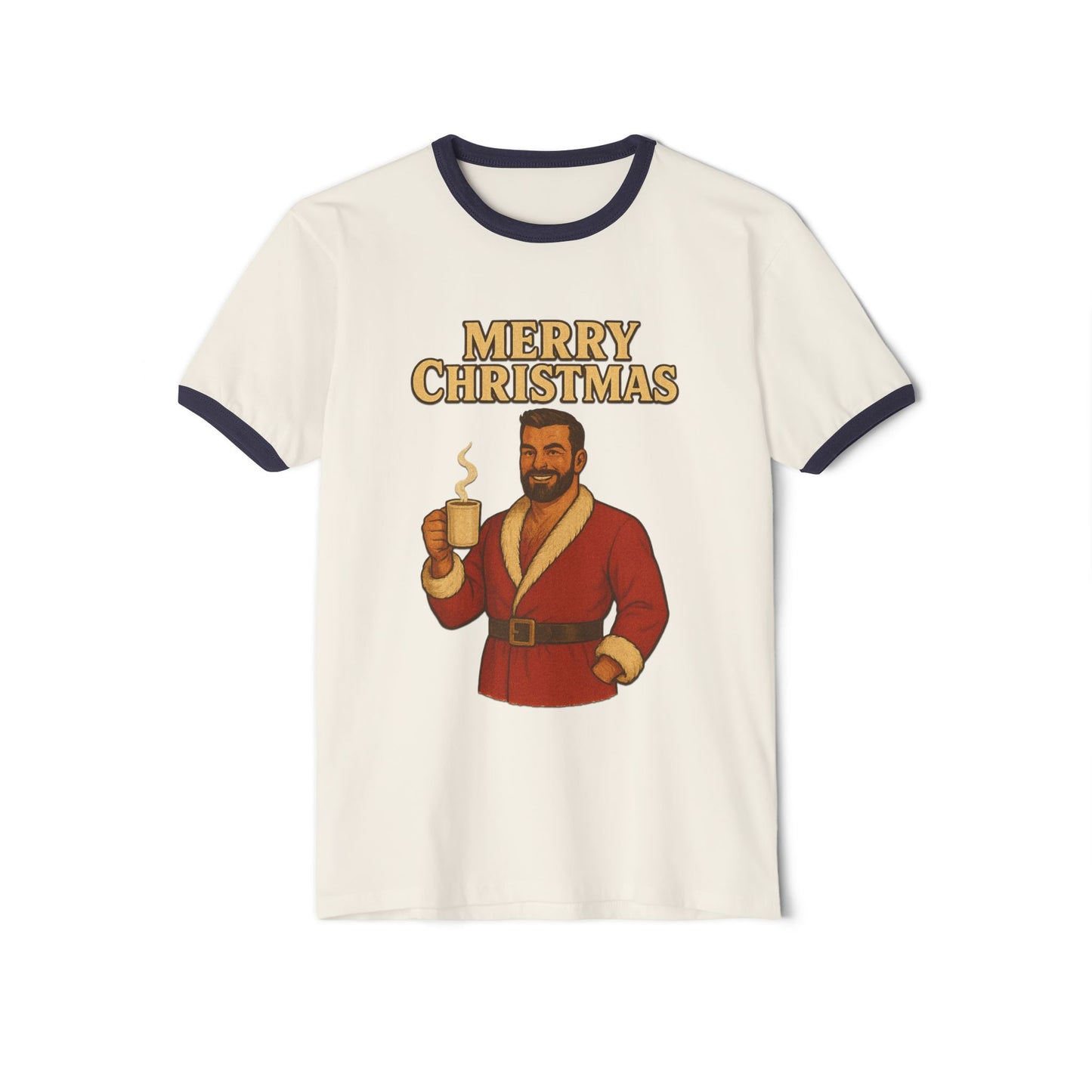 Coffee Bear Christmas Graphic Ringer T-Shirt — "Merry Christmas" Holiday Tee