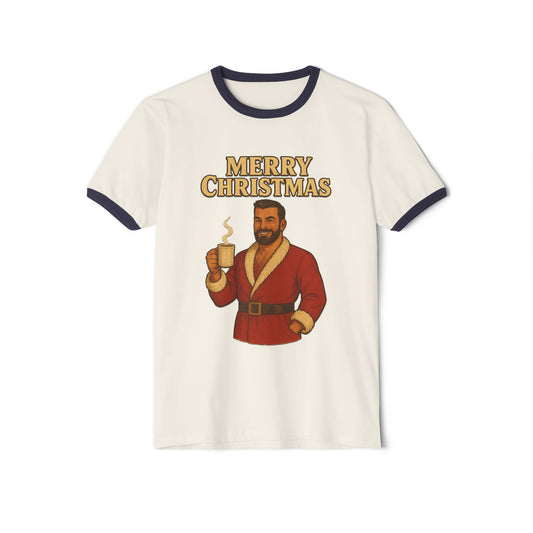 Coffee Bear Christmas Graphic Ringer T-Shirt — "Merry Christmas" Holiday Tee