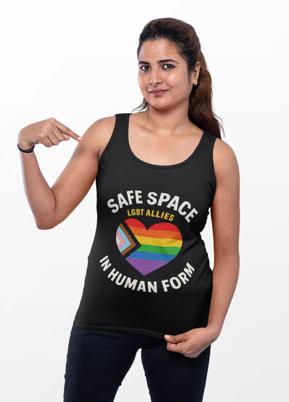 LGBT Ally Tank featuring Progress Pride heart and text reading ‘Safe Space in Human Form